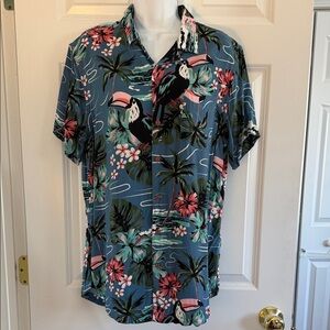 Blue Tropical Toucan Print Button-Down Shirt